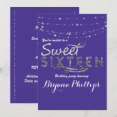 スウィート16 ロイヤルブルー グリッター シルバー パーティー グラム 招待状 (正面/裏面)