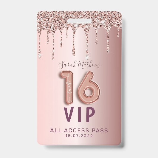 スウィート16 ローズゴールド グリッター 誕生日招待状 バッジ (正面)