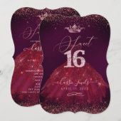 スウィート16 ワインレッド ローズゴールド コンフェッティ プリンセス 招待状 (正面/裏面)