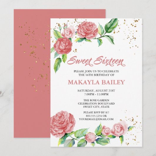 スウィート16 ヴィンテージ ピンクのバラ 16歳の誕生日パーティー 招待状 (正面/裏面)