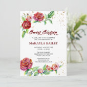 スウィート16 ヴィンテージ レッド ローズ ゴールド コンフェッティ フラワーズ 招待状 (スタンド正面)