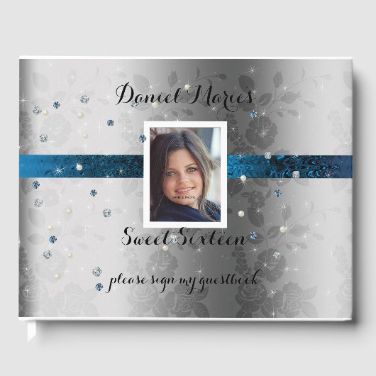 スウィート16、写真、ターコイズのサテン、スパークル、宝石 ゲストブック (正面)