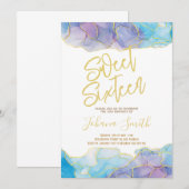 スウィート16 水彩 青 金 誕生日 招待状 (正面/裏面)