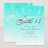 スウィート16 水色とシルバーのスパークルスターズパーティー 招待状 (正面/裏面)