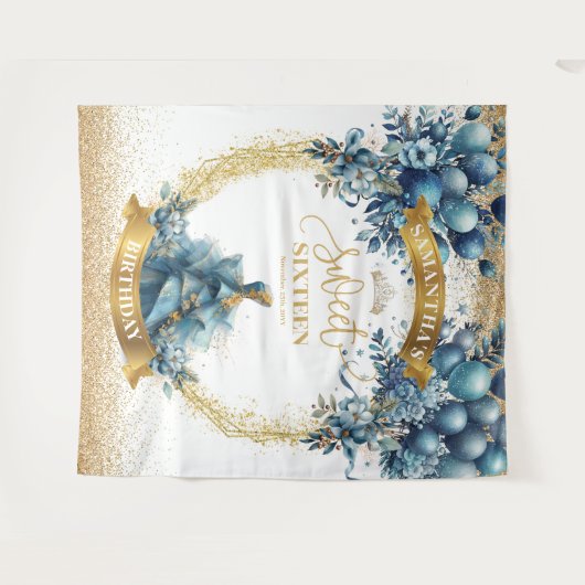 スウィート16 青と金の水彩 グリッター タペストリー (正面(横))