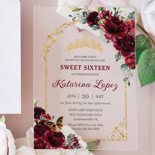 スウィート16 15キンセアニェラブルゴーニュフローラ金ゴールドアーチ アクリル招待状