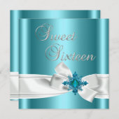 スウィート16 16エレガントティール(緑がかった色)ブルーシルバーホワイトボウ 招待状 (正面/裏面)