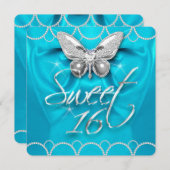 スウィート16 16ティール（緑がかった色）ブルーバタフライパールパーティー 招待状 (正面/裏面)