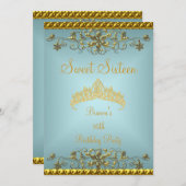 スウィート16 16ティール(緑がかった色)ブルー金ゴールドダイアモンドティアラ 招待状 (正面/裏面)