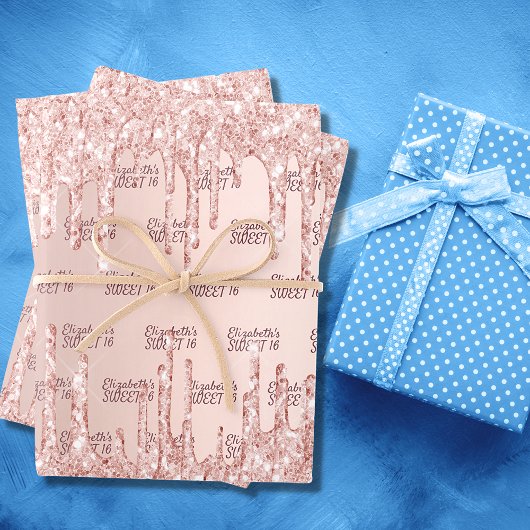 スウィート16 16バラ金ゴールドグリッタードリップピンクの輝き ラッピングペーパーシート