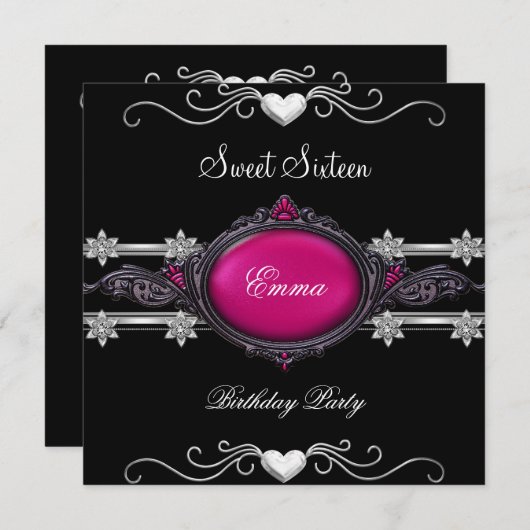 スウィート16 16パーティー シルバー ピンク ブラック ジュエル 招待状 (正面/裏面)