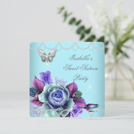 スウィート16 16フローラティール(緑がかった色)パープルバタフライパール 招待状 (スタンド正面)