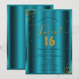 スウィート16 16歳の誕生日 水色とゴールドのコンフェッティコーナー 招待状