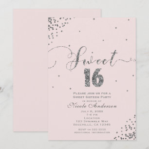 スウィート16 16歳 誕生日 ブッシュピンク シルバー コンフェッティ コーナー 招待状