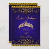 スウィート16 16深いブルー金ゴールドダイアモンドティアラ 招待状 (正面/裏面)