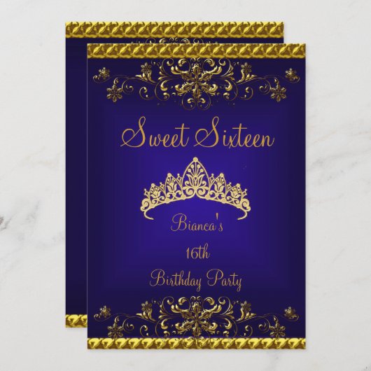スウィート16 16深いブルー金ゴールドダイアモンドティアラ 招待状 (正面/裏面)