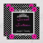 スウィート16 16白黒スポットピンクフローラティアラ 招待状 (正面/裏面)