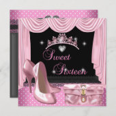 スウィート16 16誕生日ピンク白黒 招待状 (正面/裏面)