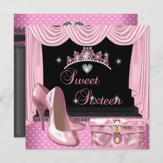 スウィート16 16誕生日ピンク白黒 招待状 (正面/裏面)