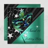 スウィート16 16 翡翠グリーン ブラックマスク 招待状 (正面/裏面)