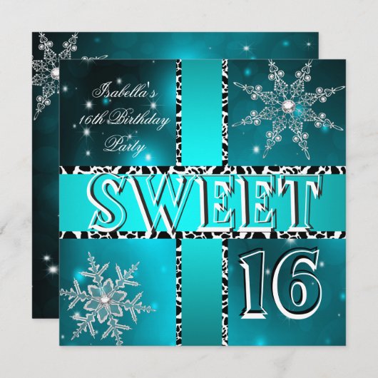 スウィート16 16th誕生日ティール（緑がかった色）ウィンターワンダーランド 招待状 (正面/裏面)