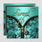 スウィート16Sweet sixteenダマスクティール（緑がかった色）ブルー金ゴールドブラック 招待状 (正面/裏面)