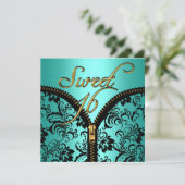 スウィート16Sweet sixteenダマスクティール（緑がかった色）ブルー金ゴールドブラック 招待状 (スタンド正面)