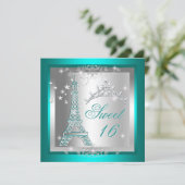 スウィート16Sweet sixteenティール(緑がかった色)ティアラエッフェルタワー 招待状 (スタンド正面)