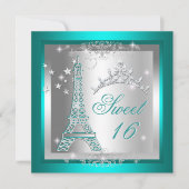 スウィート16Sweet sixteenティール(緑がかった色)ティアラエッフェルタワー 招待状 (正面)