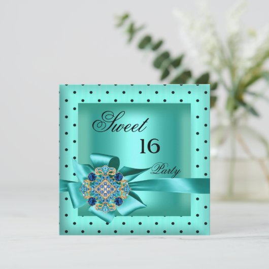 スウィート16Sweet sixteenティール(緑がかった色)ブルーブラック水玉模様 招待状 (スタンド正面)