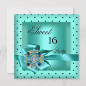 スウィート16Sweet sixteenティール(緑がかった色)ブルーブラック水玉模様 招待状 (正面)