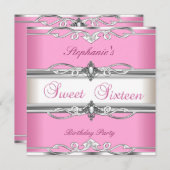 スウィート16sweet sixteenバースデーパーティーピンクシルバー 招待状 (正面/裏面)