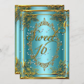 スウィート16Sweet sixteenパーティー金ゴールド銀ティール（緑がかった色） 招待状 (正面/裏面)