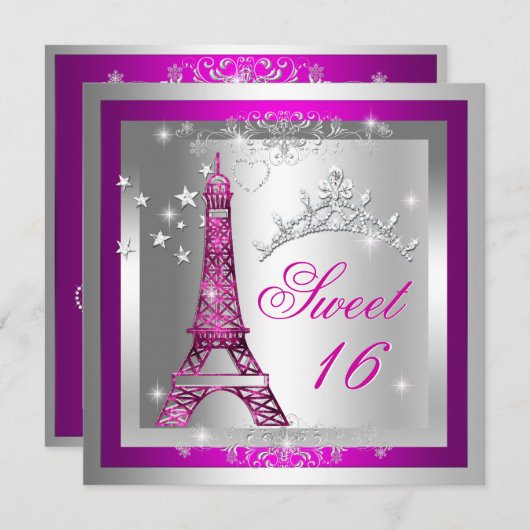 スウィート16Sweet sixteenピンクティアラエッフェルタワー 招待状 (正面/裏面)
