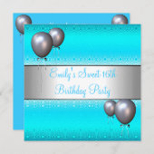 スウィート16thアクアシルバーバルーン誕生日パーティー 招待状 (正面/裏面)