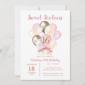 スウィート16thガール誕生日ピンクボウ金ゴールドバルーン 招待状 (正面)