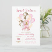 スウィート16thガール誕生日ピンクボウ金ゴールドバルーン 招待状 (スタンド正面)