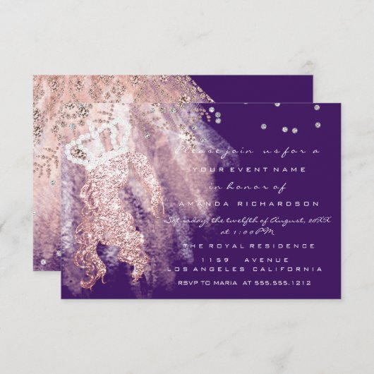 スウィート16thクラウンドレス恋しく思バラ金ゴールド紫 招待状 (正面/裏面)