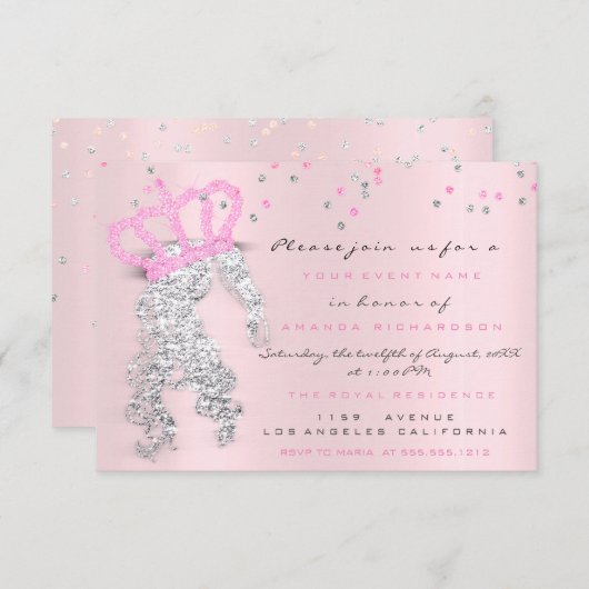 スウィート16thクラウンプリンセス恋しく思紙吹雪ピンクグレー 招待状 (正面/裏面)