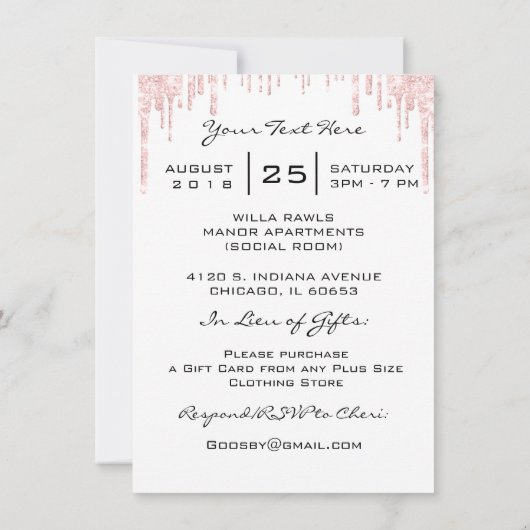 スウィート16thドリップスピンクキンセアニェラ王室のプリンセス 招待状 (裏面)