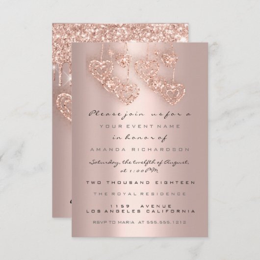 スウィート16thバースデーパーティーバラグリッタードリップスハート 招待状 (正面/裏面)