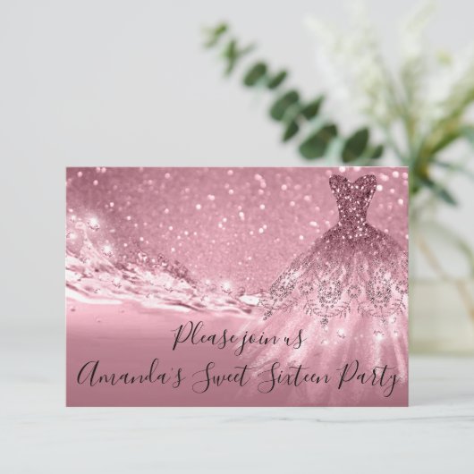 スウィート16thパーティーバラピンクグリッター海ドレス 招待状 (スタンド正面)