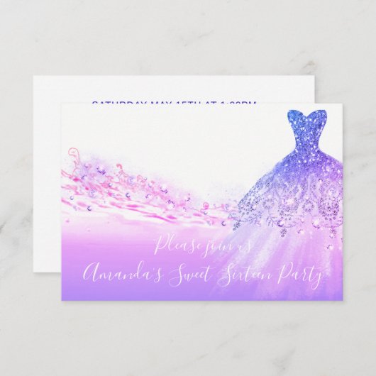 スウィート16thパーティーピンクパープルグリッター海ホワイト 招待状 (正面/裏面)