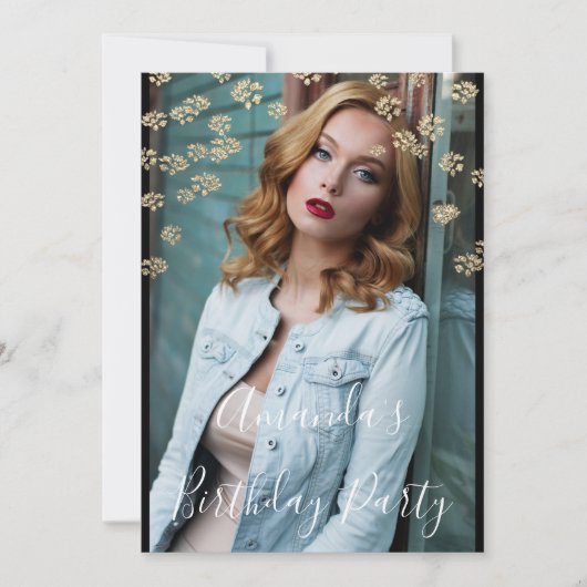 スウィート16thフラワー金ゴールドブラックフォト紙吹雪スパーク 招待状 (正面)