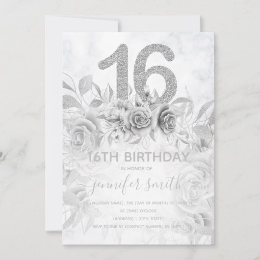 スウィート16thフローラ大理石グリッターシルバー 招待状 (正面)