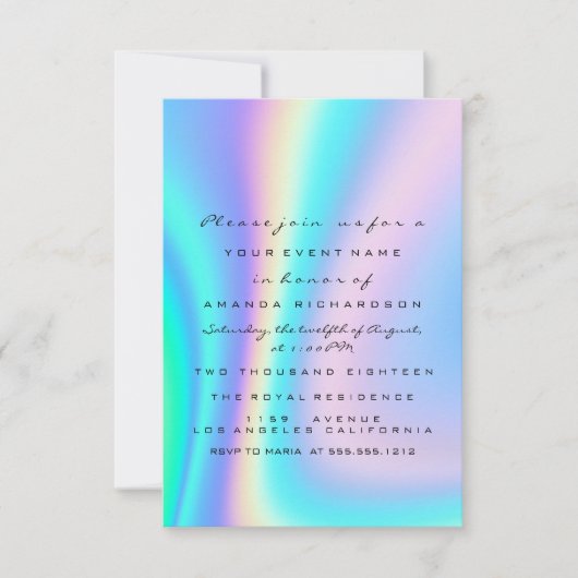 スウィート16thブライダルシャワーホログラフブルーグラデーションド 招待状 (正面)