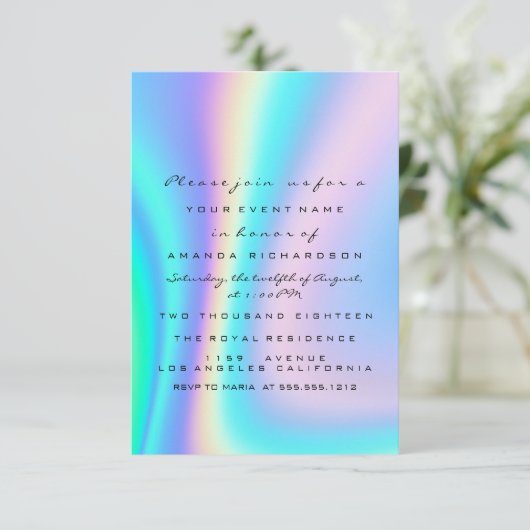 スウィート16thブライダルシャワーホログラフブルーグラデーションド 招待状 (スタンド正面)