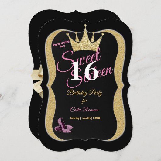 スウィート16th誕生日パーティーピンクスティレット 招待状 (正面/裏面)