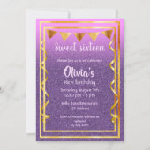 スウィート16th誕生日パーティー紫ピンクバイオレット金ゴールド 招待状 (正面)
