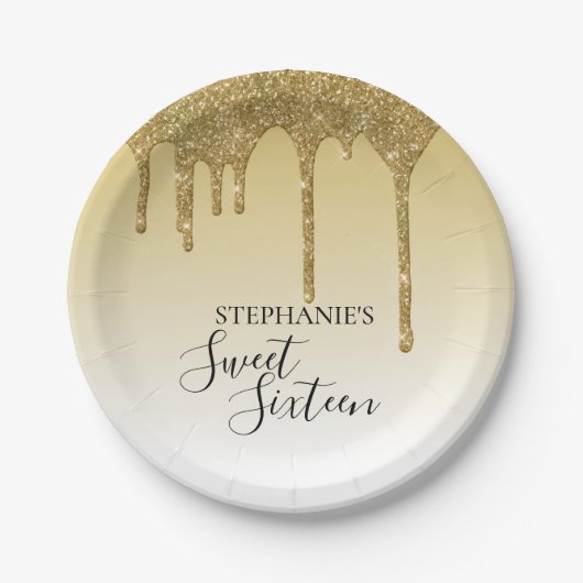 スウィート16th16歳の誕生日金ゴールドグリッター ペーパープレート (正面)